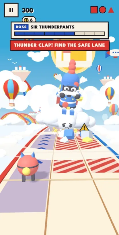 Boss battle: Sir Thunderpants floats on a cloud above the track while CRIT looks for the safe lane.